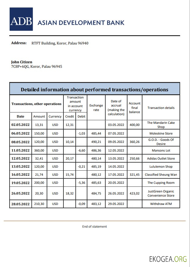 Relevé bancaire de la BAD aux Palaos